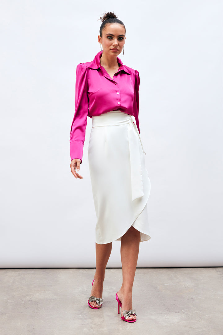 Sateen Jupe Crayon Ceinturée - Écru