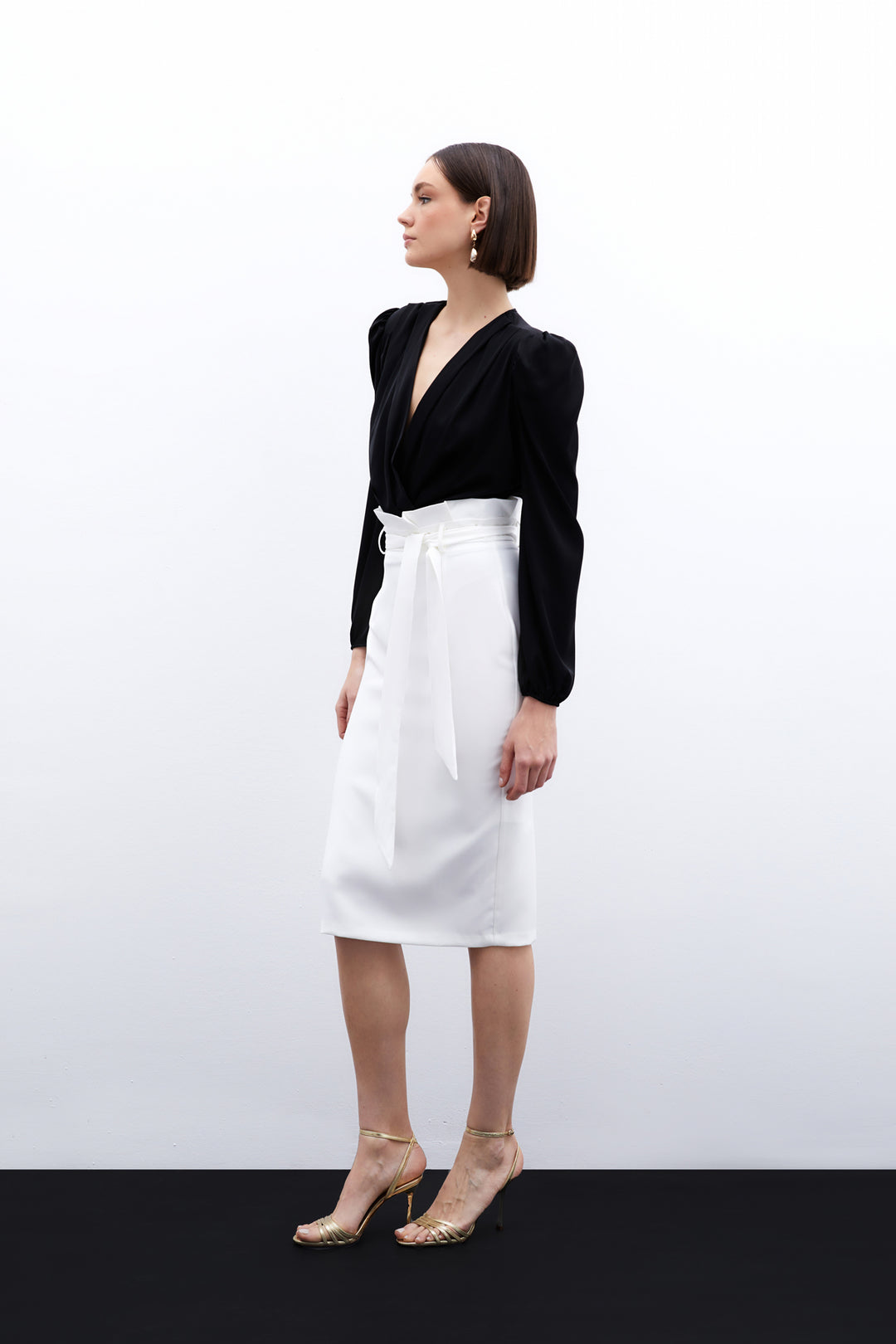Sateen Jupe Crayon avec Ceinture - Écru