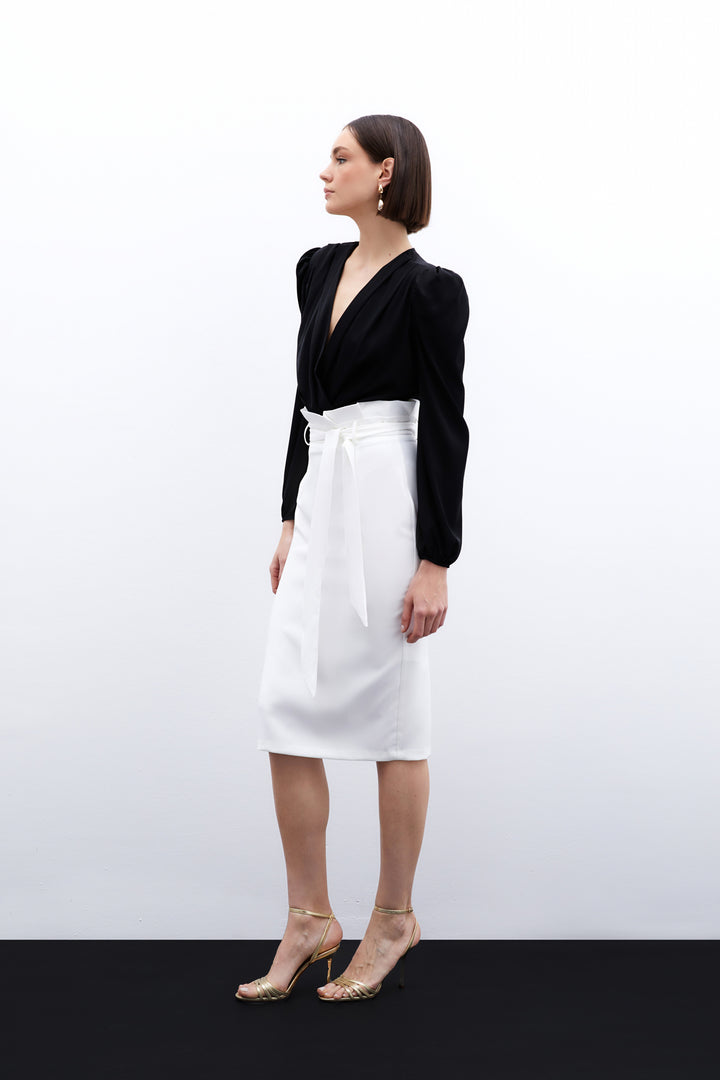 Sateen Jupe Crayon avec Ceinture - Écru