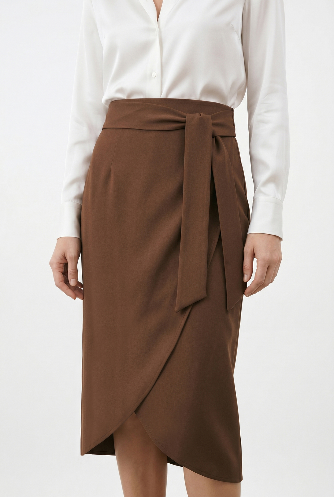 Sateen Jupe Crayon Ceinturée - Marron