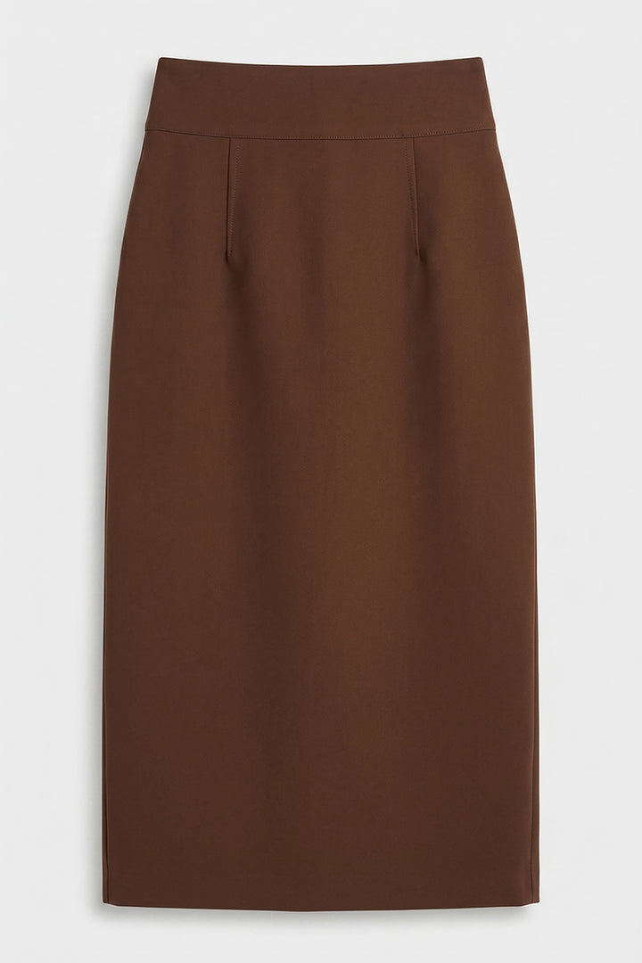 Sateen Jupe Crayon Ceinturée - Marron