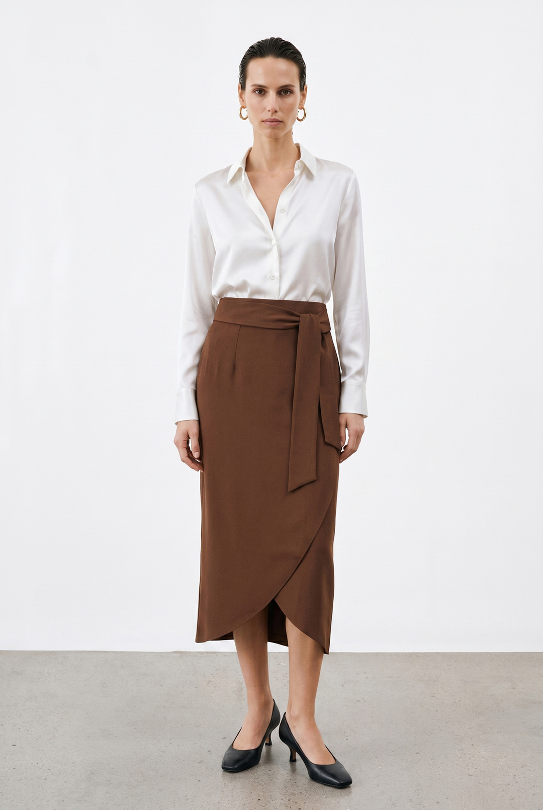 Sateen Jupe Crayon Ceinturée - Marron