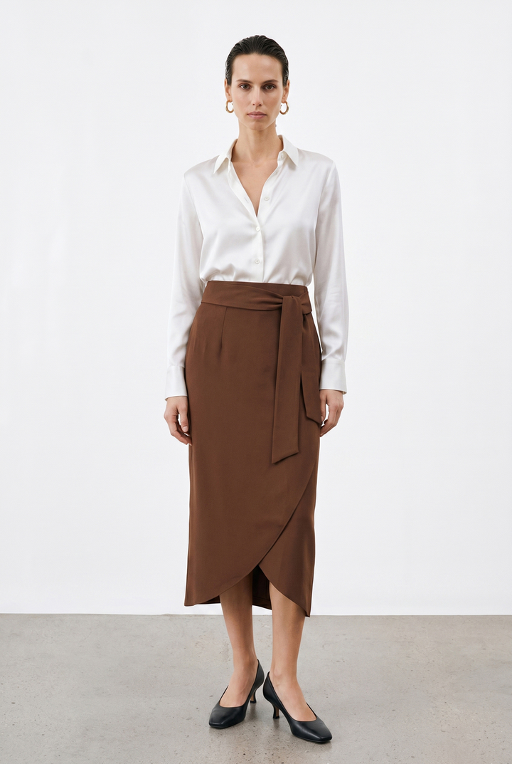 Sateen Jupe Crayon Ceinturée - Marron