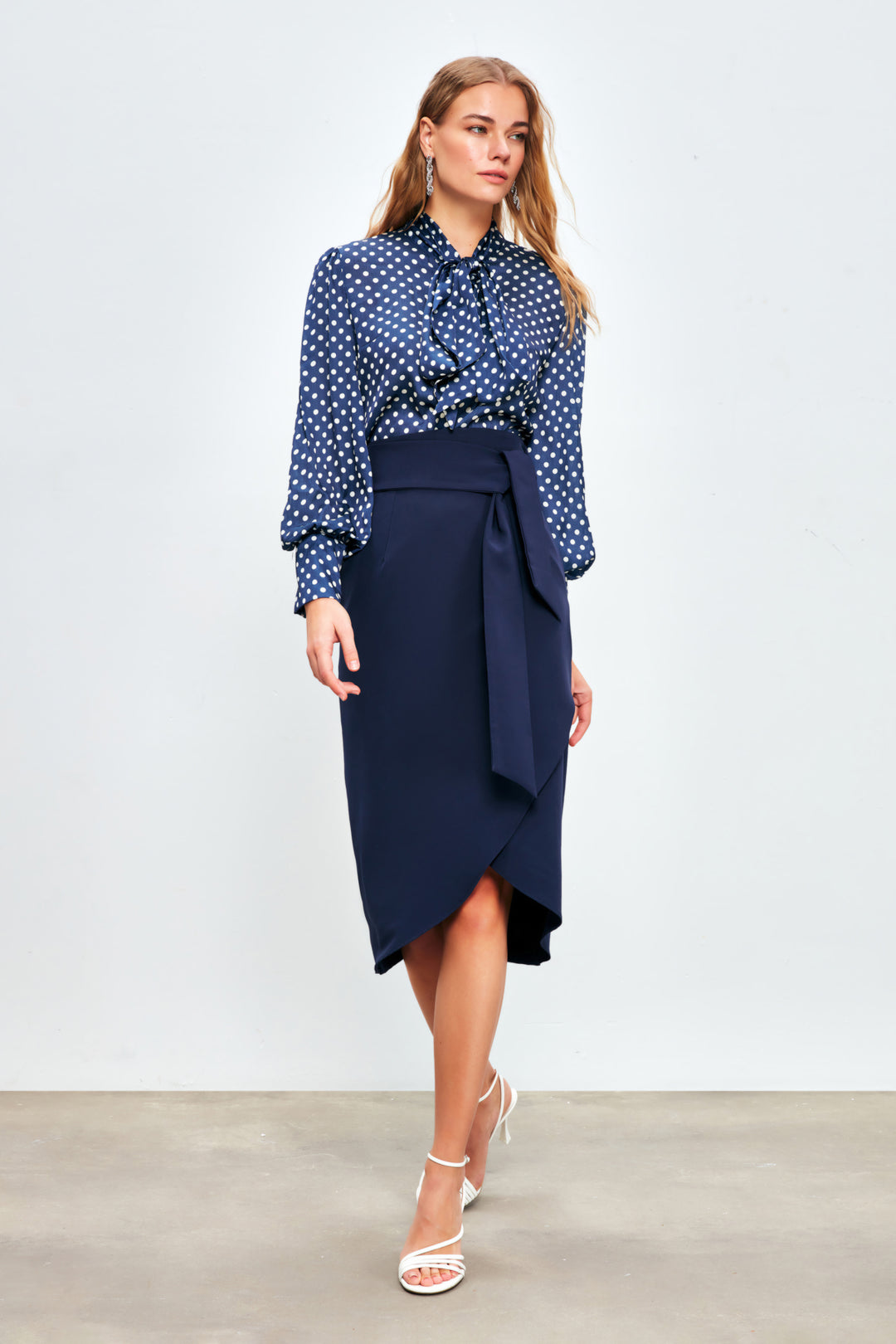 Sateen Jupe Crayon Ceinturée - Bleu marine