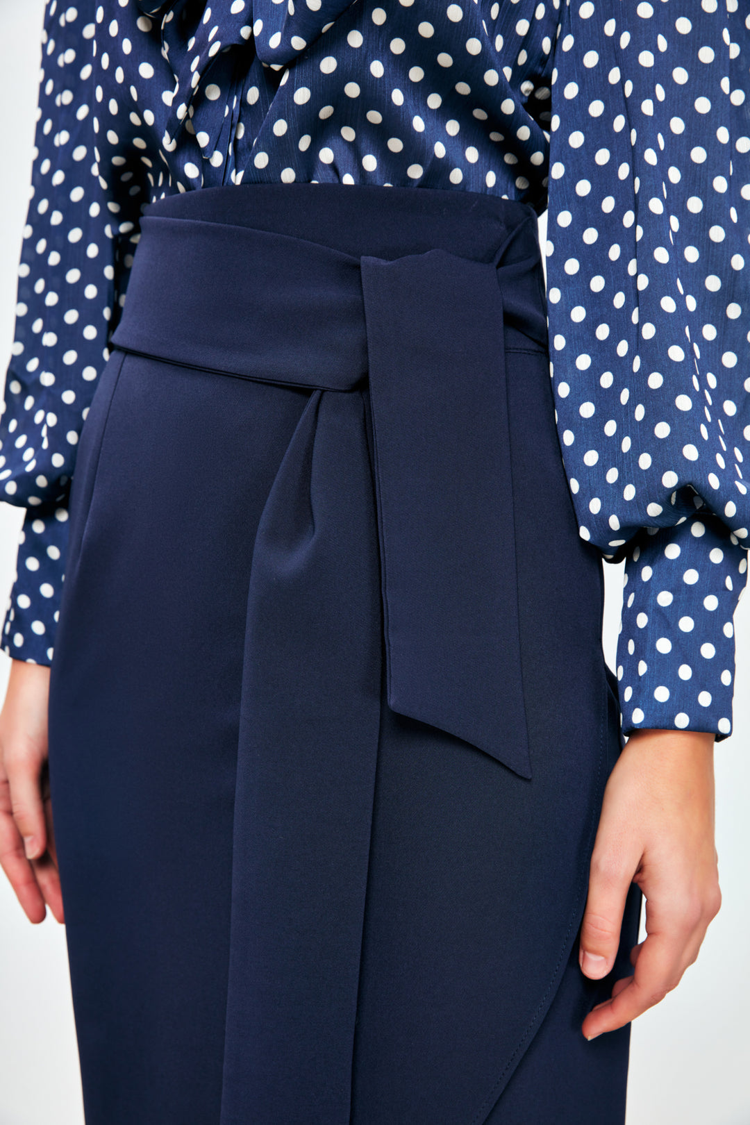 Sateen Jupe Crayon Ceinturée - Bleu marine