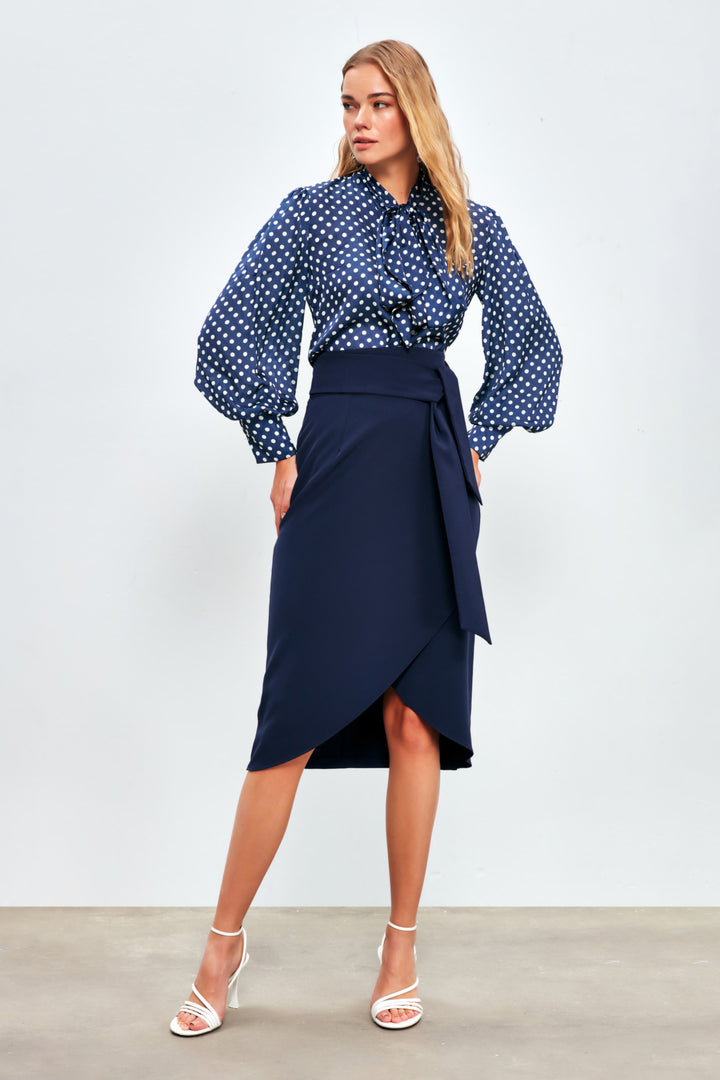 Sateen Jupe Crayon Ceinturée - Bleu marine