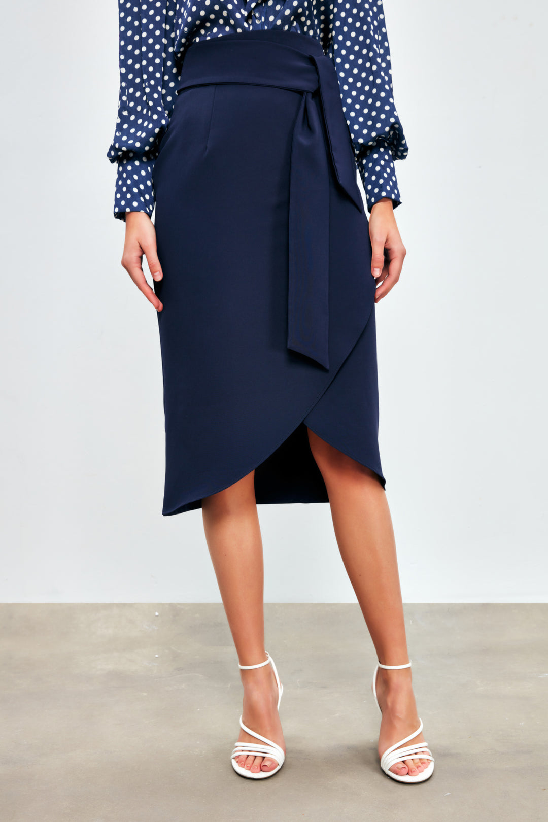 Sateen Jupe Crayon Ceinturée - Bleu marine
