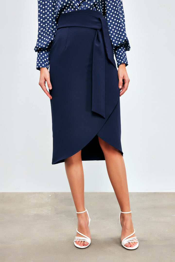 Sateen Jupe Crayon Ceinturée - Bleu marine