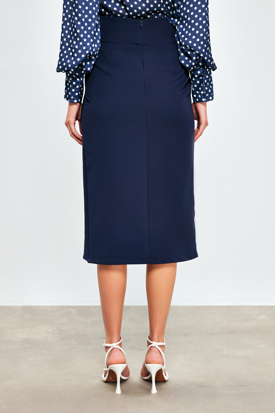 Sateen Jupe Crayon Ceinturée - Bleu marine