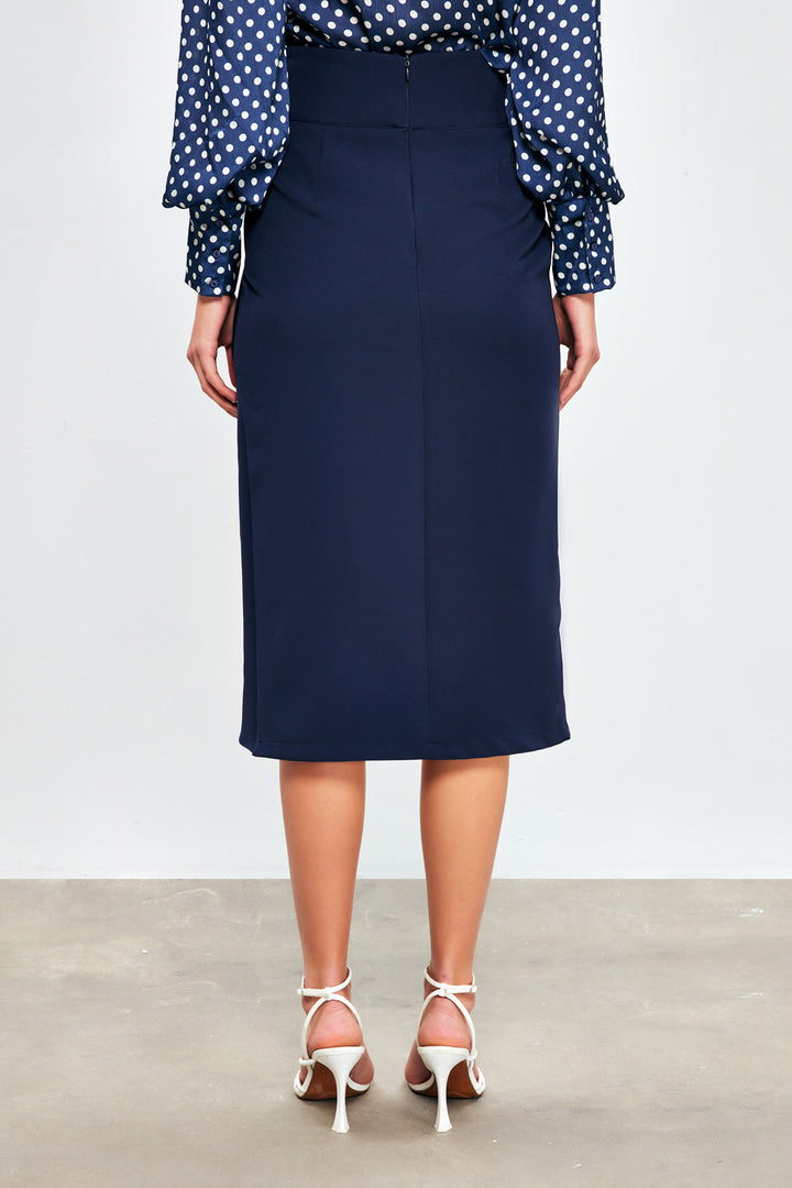 Sateen Jupe Crayon Ceinturée - Bleu marine