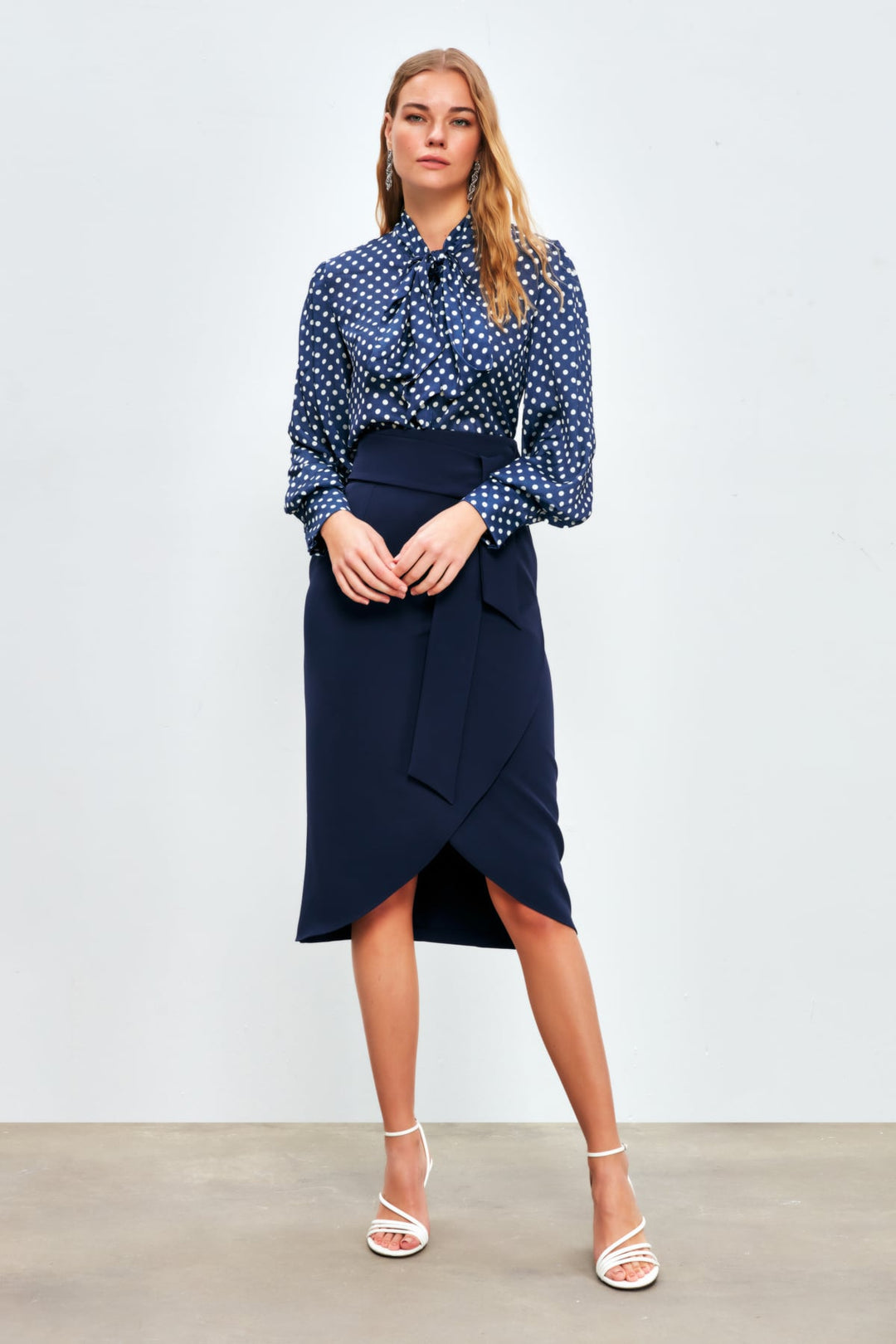 Sateen Jupe Crayon Ceinturée - Bleu marine