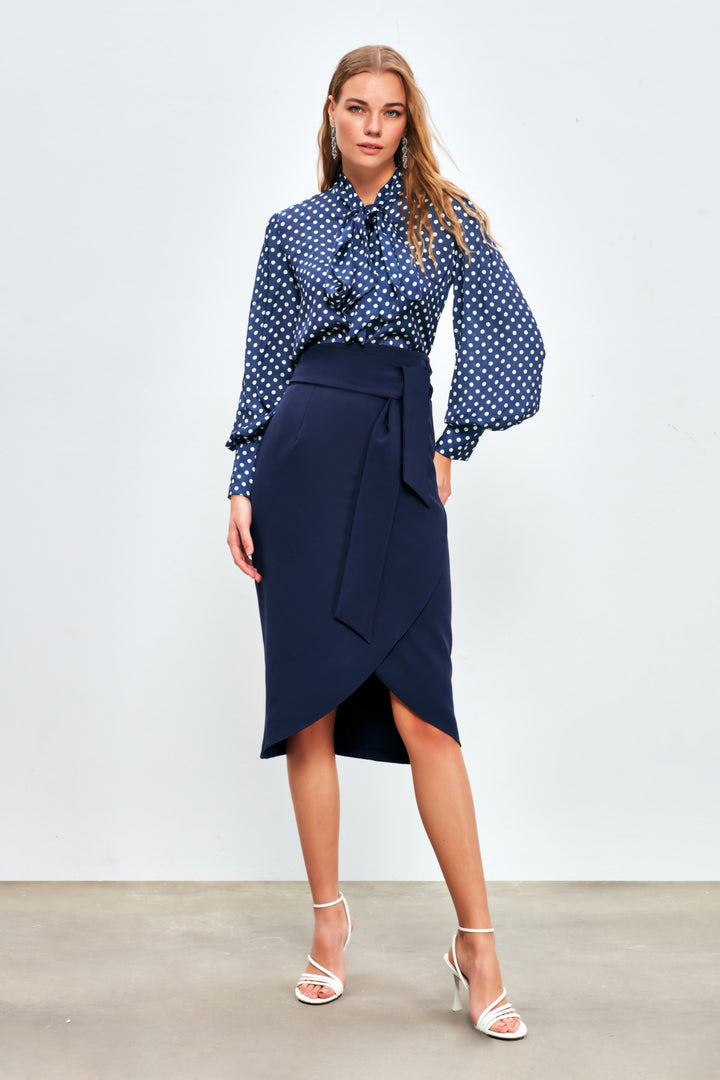 Sateen Jupe Crayon Ceinturée - Bleu marine
