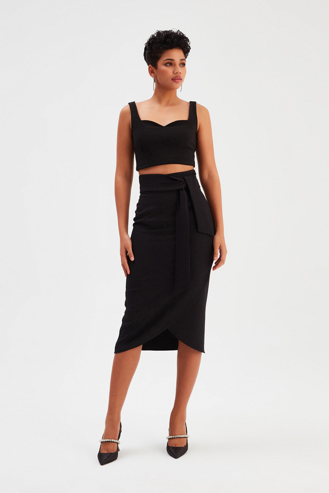 Sateen Jupe Crayon avec Ceinture - Noir