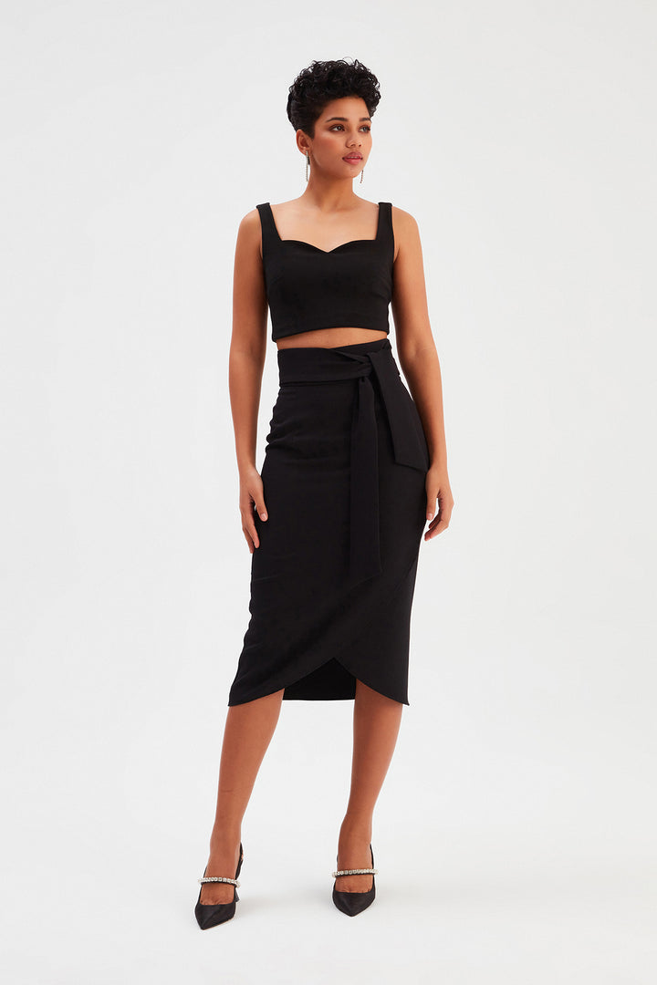 Sateen Jupe Crayon avec Ceinture - Noir