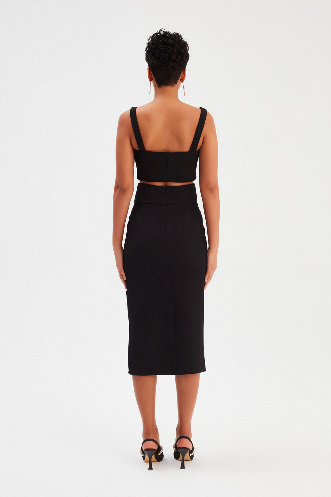 Sateen Jupe Crayon avec Ceinture - Noir