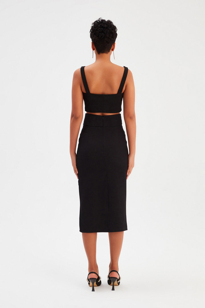 Sateen Jupe Crayon avec Ceinture - Noir
