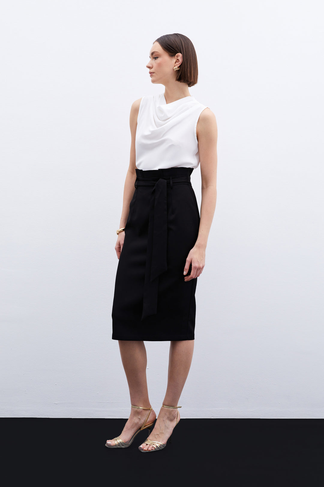 Sateen Jupe crayon ceinturée - Noir
