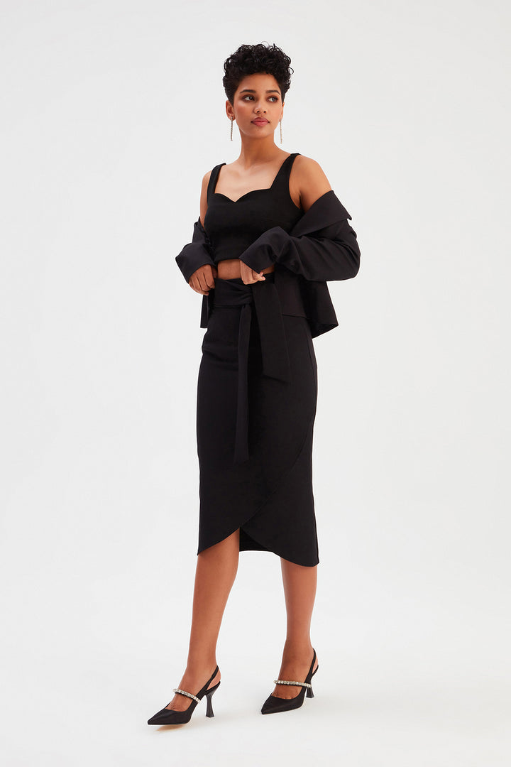 Sateen Jupe Crayon avec Ceinture - Noir