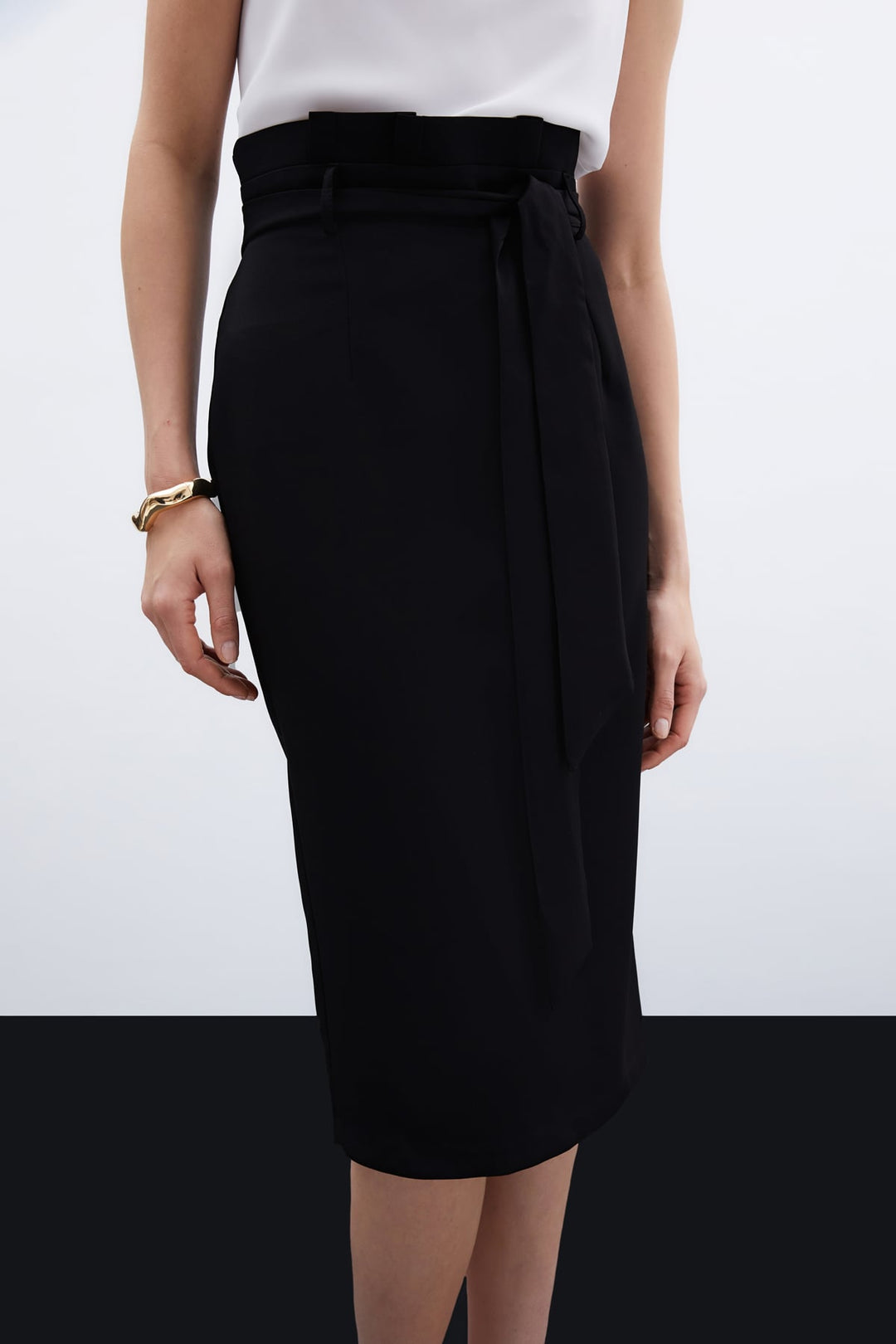 Sateen Jupe crayon ceinturée - Noir