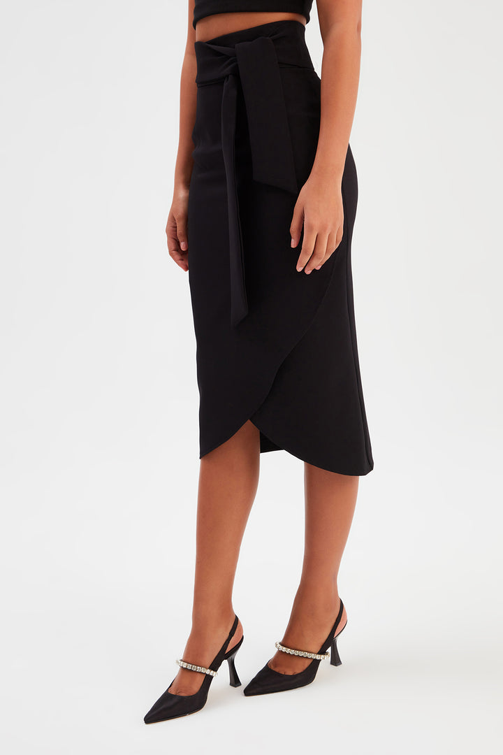 Sateen Jupe Crayon avec Ceinture - Noir