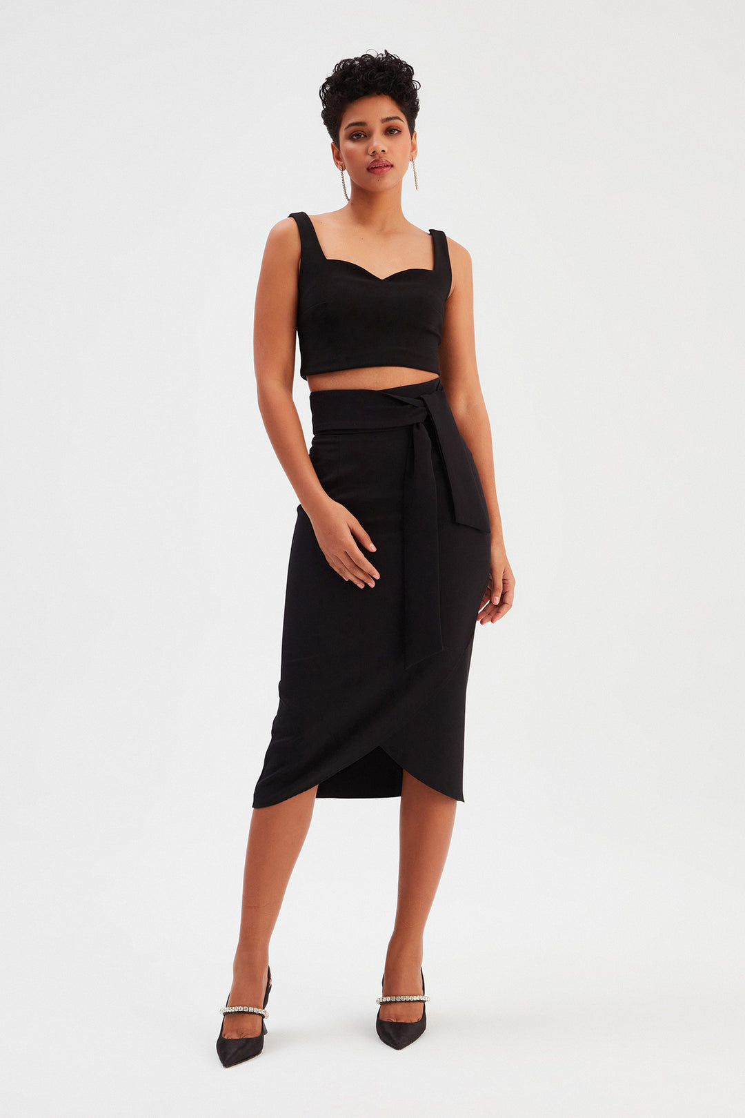 Sateen Jupe Crayon avec Ceinture - Noir