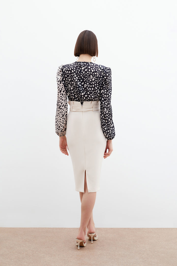 Sateen Jupe crayon ceinturée - Pierre