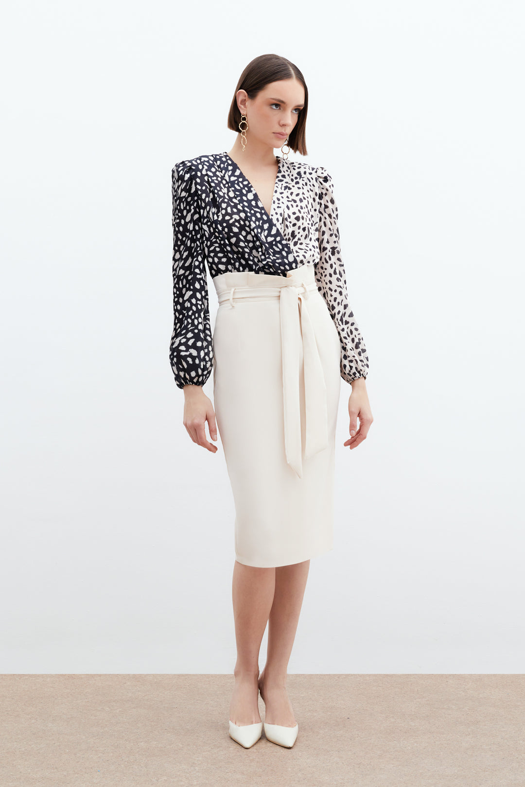 Sateen Jupe crayon ceinturée - Pierre