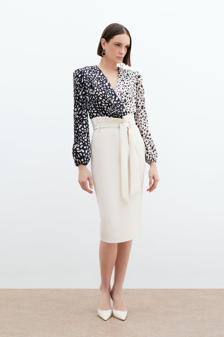 Sateen Jupe crayon ceinturée - Pierre