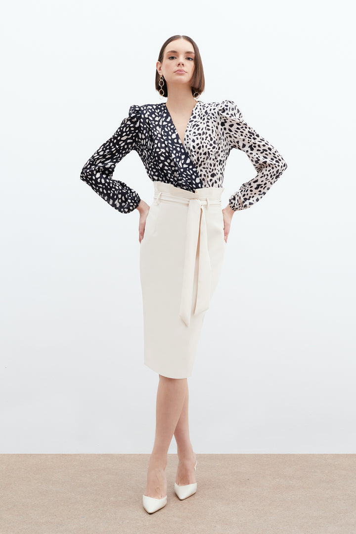 Sateen Jupe crayon ceinturée - Pierre