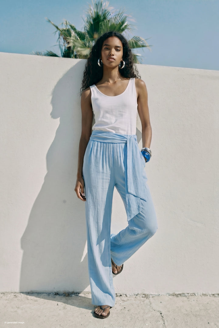 Sateen Pantalon à ceinture - bebe Bleu