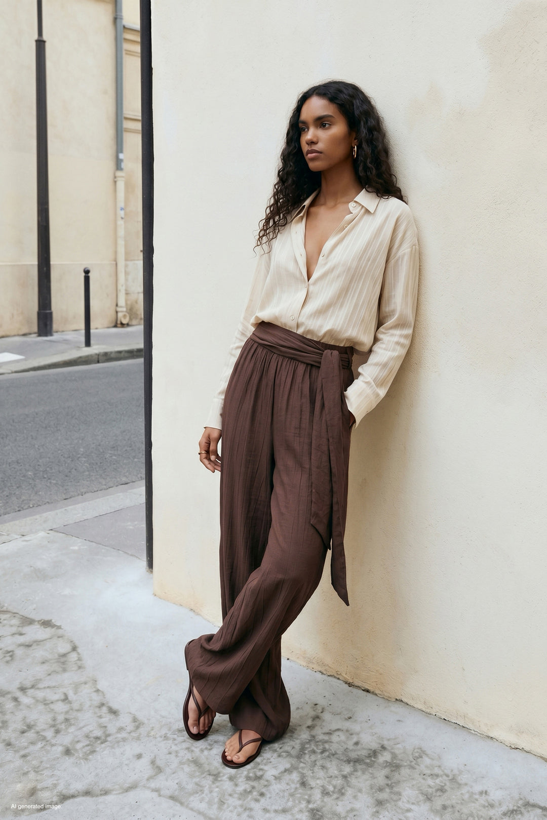 Sateen Pantalon à ceinture - Marron