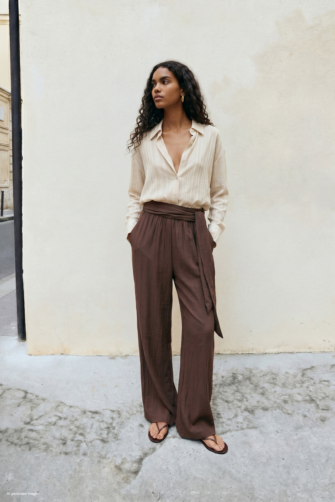 Sateen Pantalon à ceinture - Marron