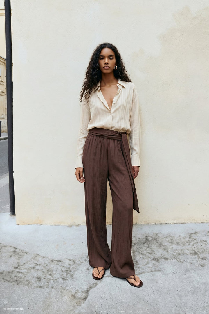 Sateen Pantalon à ceinture - Marron