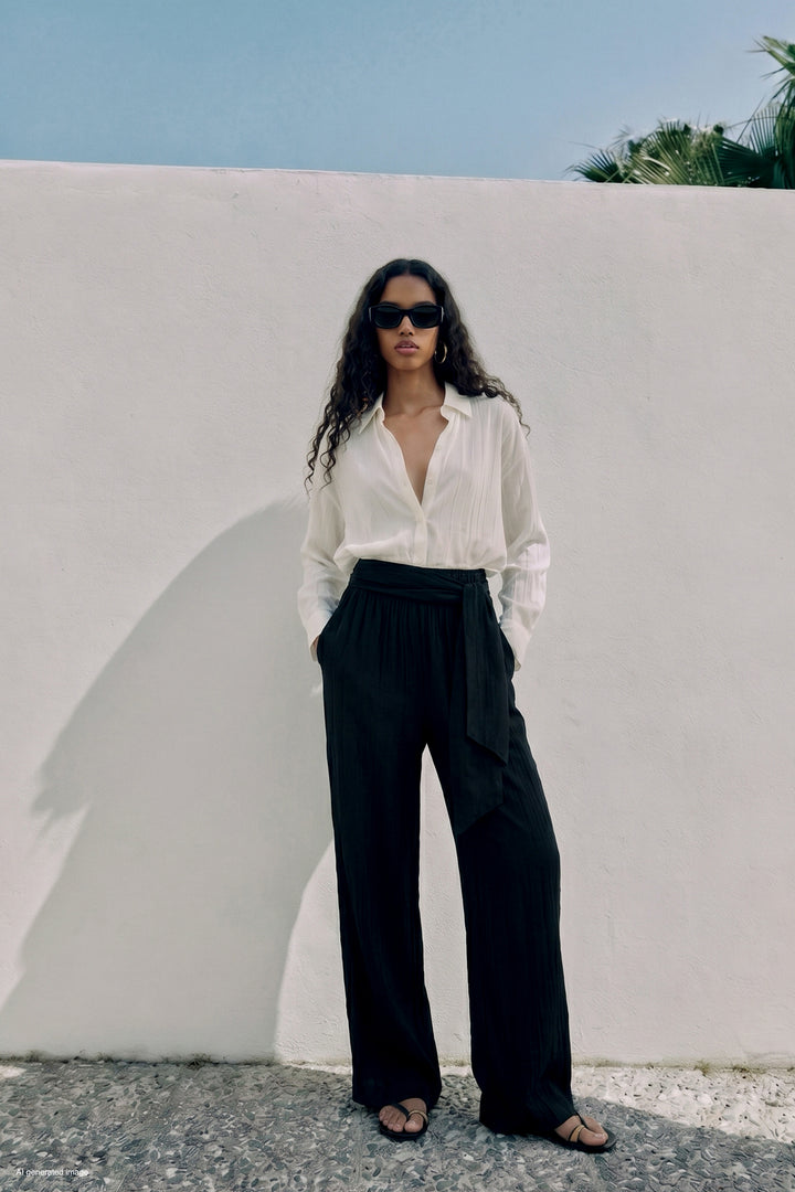 Sateen Pantalon à ceinture - Noir