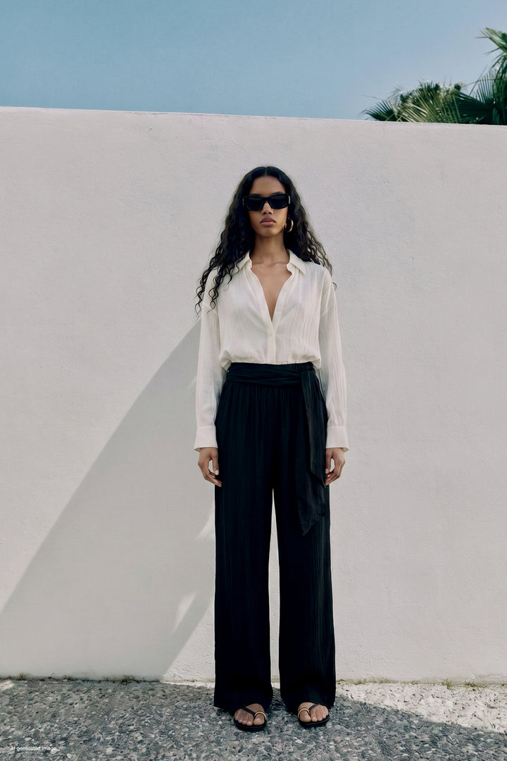 Sateen Pantalon à ceinture - Noir