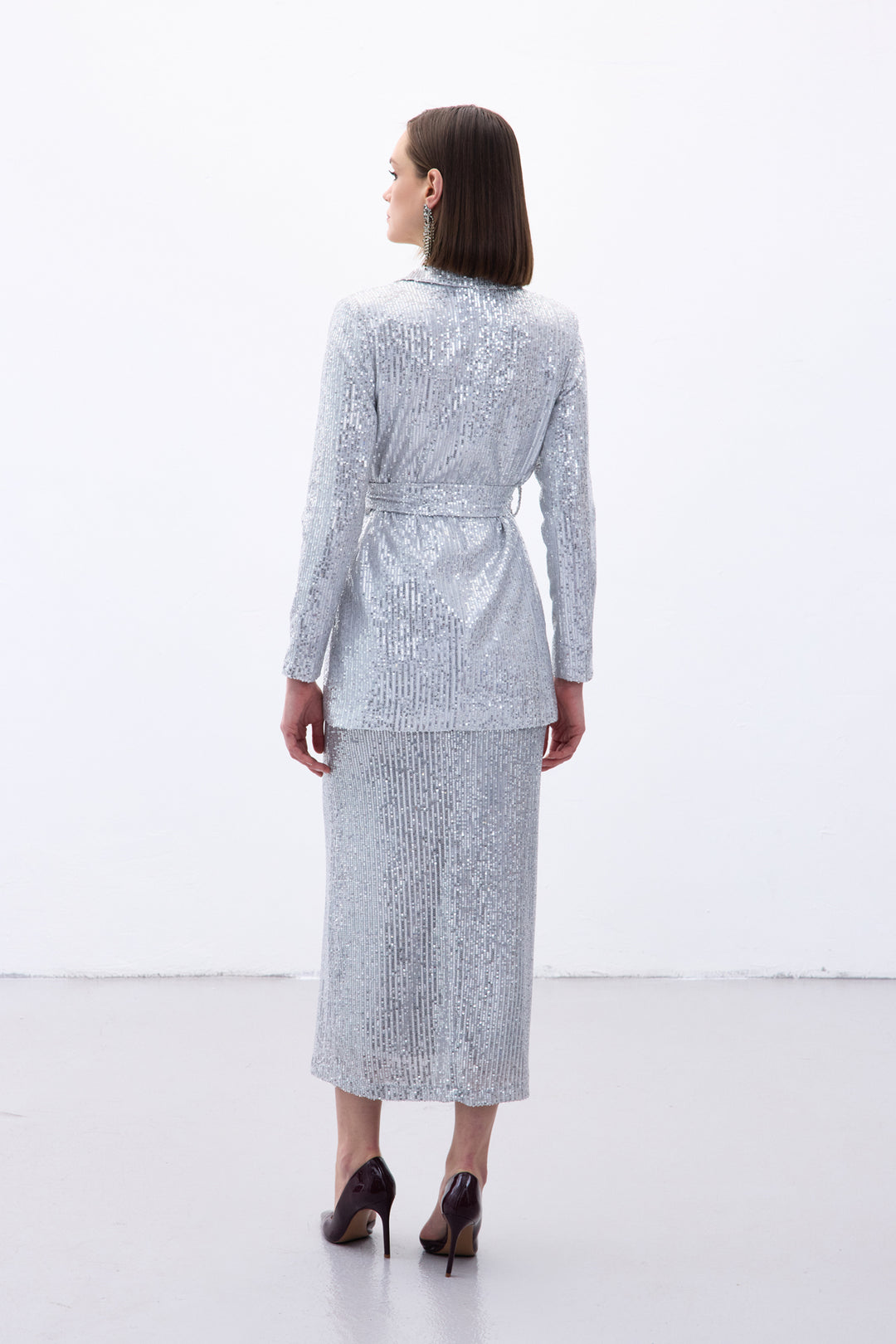 Sateen Veste à paillettes ceinturée - Argent