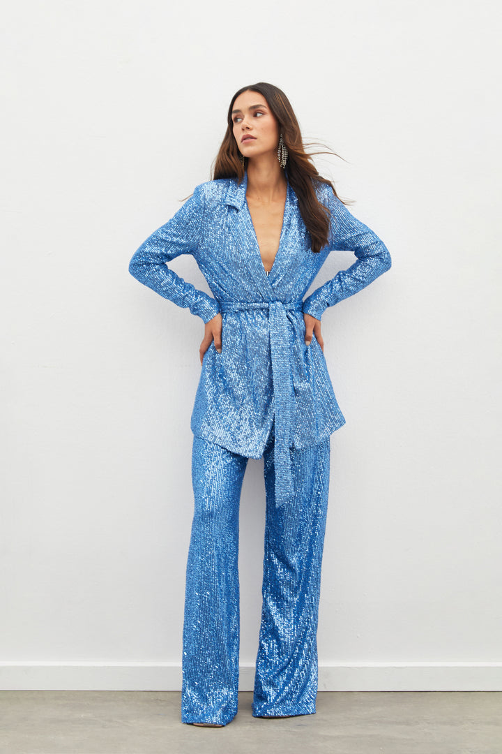 Sateen Veste à paillettes ceinturée - Indigo
