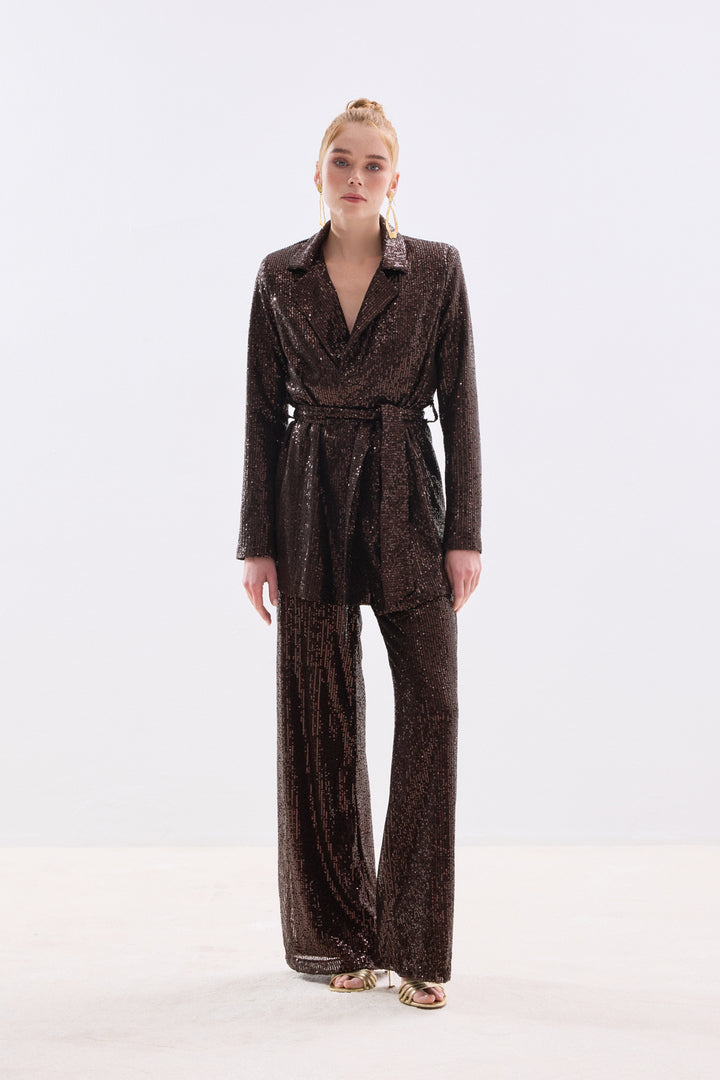 Sateen Veste à paillettes ceinturée - Marron