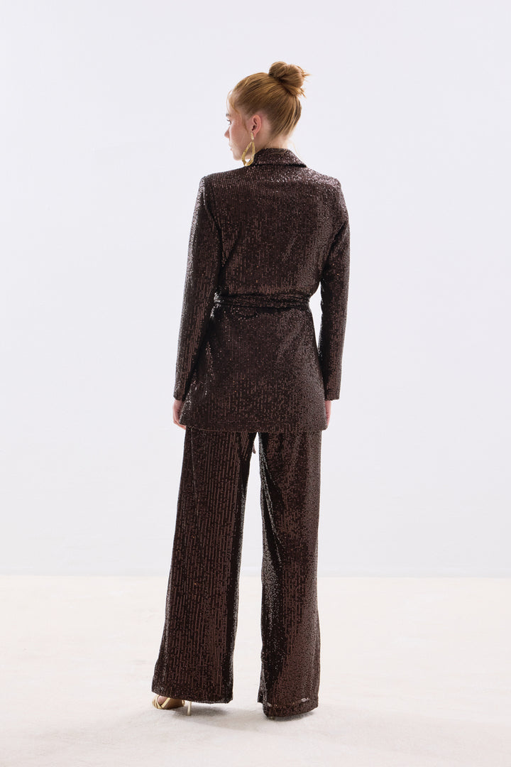 Sateen Veste à paillettes ceinturée - Marron