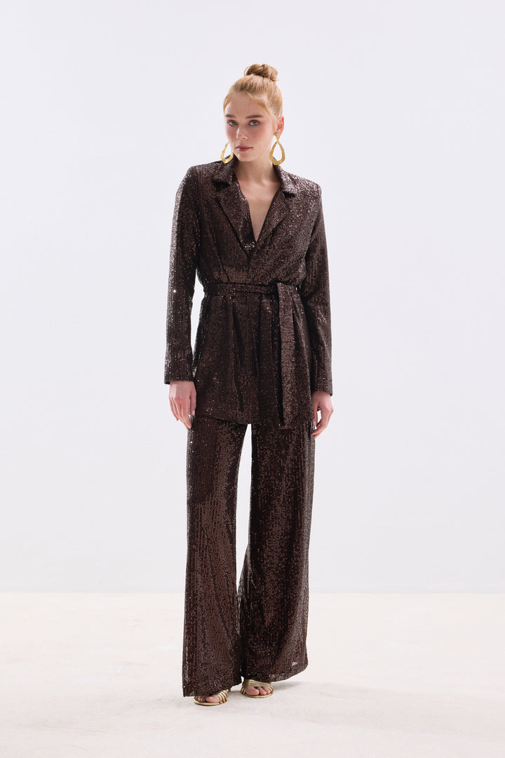 Sateen Veste à paillettes ceinturée - Marron