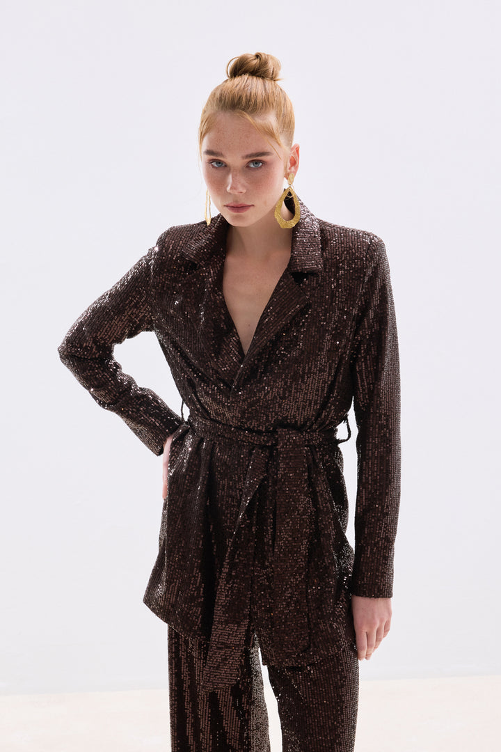 Sateen Veste à paillettes ceinturée - Marron