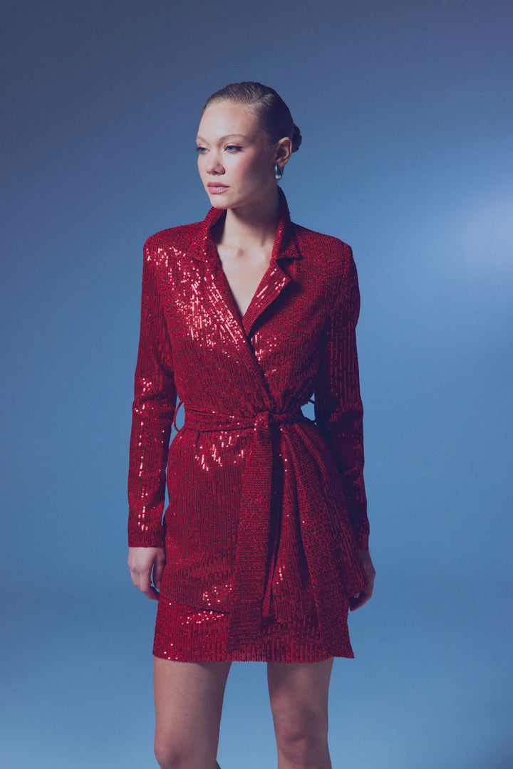 Sateen Veste à Paillettes à Ceinture - Rouge