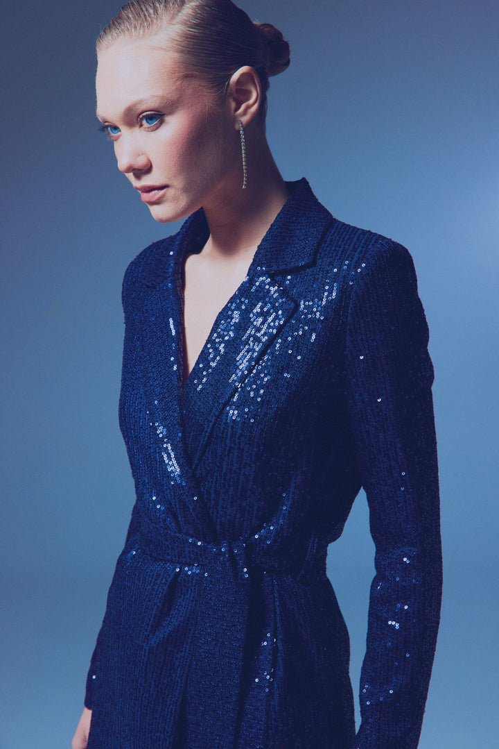 Sateen Veste à paillettes avec ceinture - Bleu marine