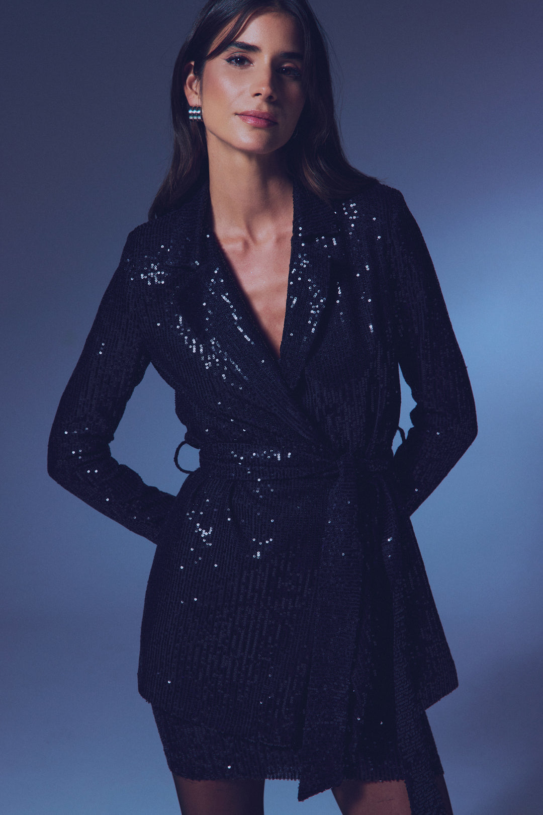 Sateen Veste à Paillettes à Ceinture - Noir
