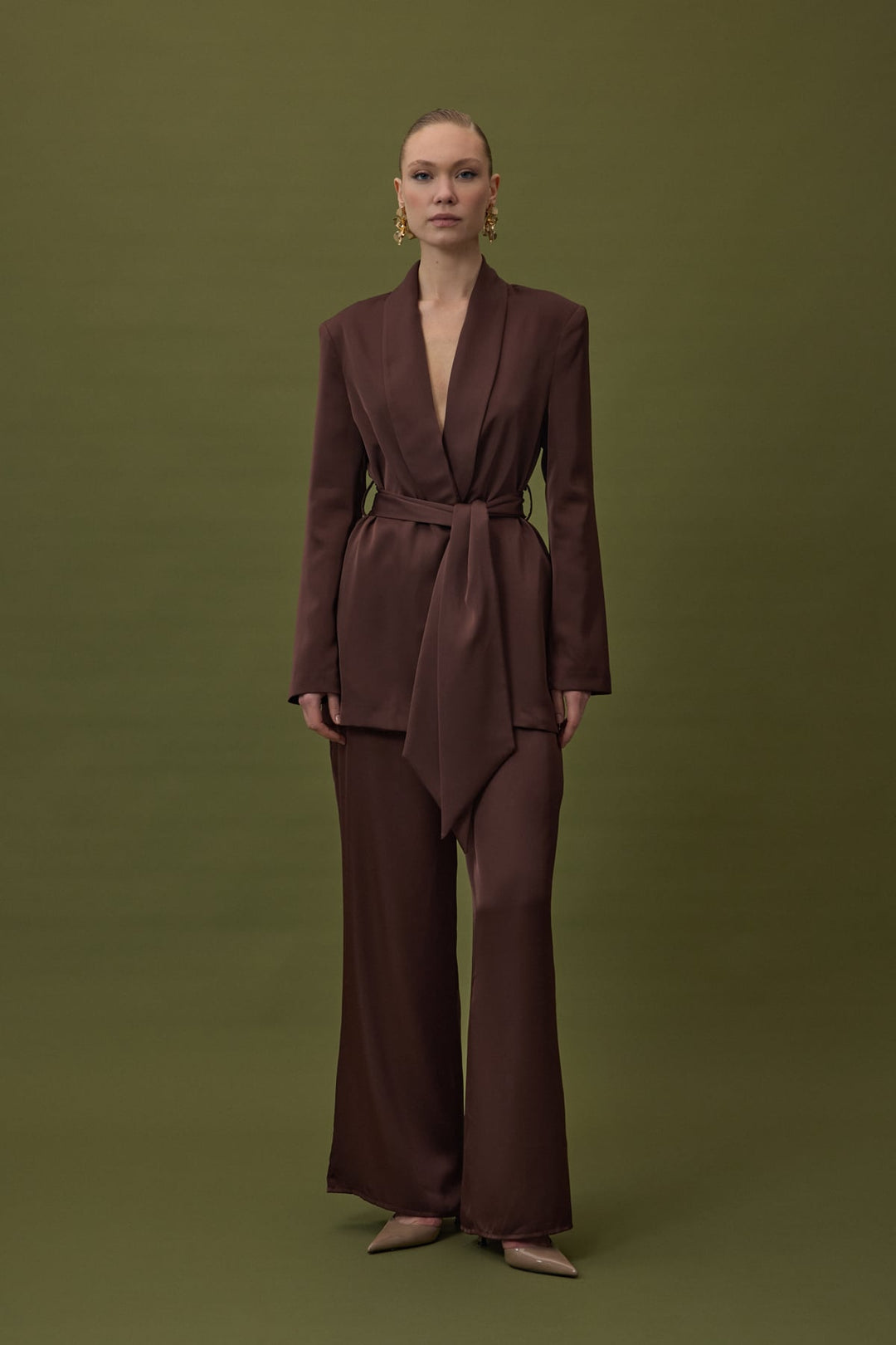 Sateen Veste en satin à ceinture - Marron