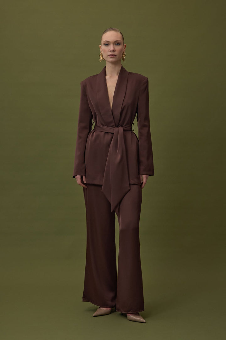 Sateen Veste en satin à ceinture - Marron