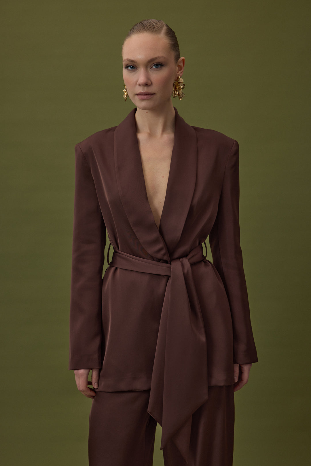Sateen Veste en satin à ceinture - Marron