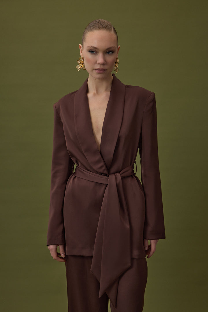 Sateen Veste en satin à ceinture - Marron
