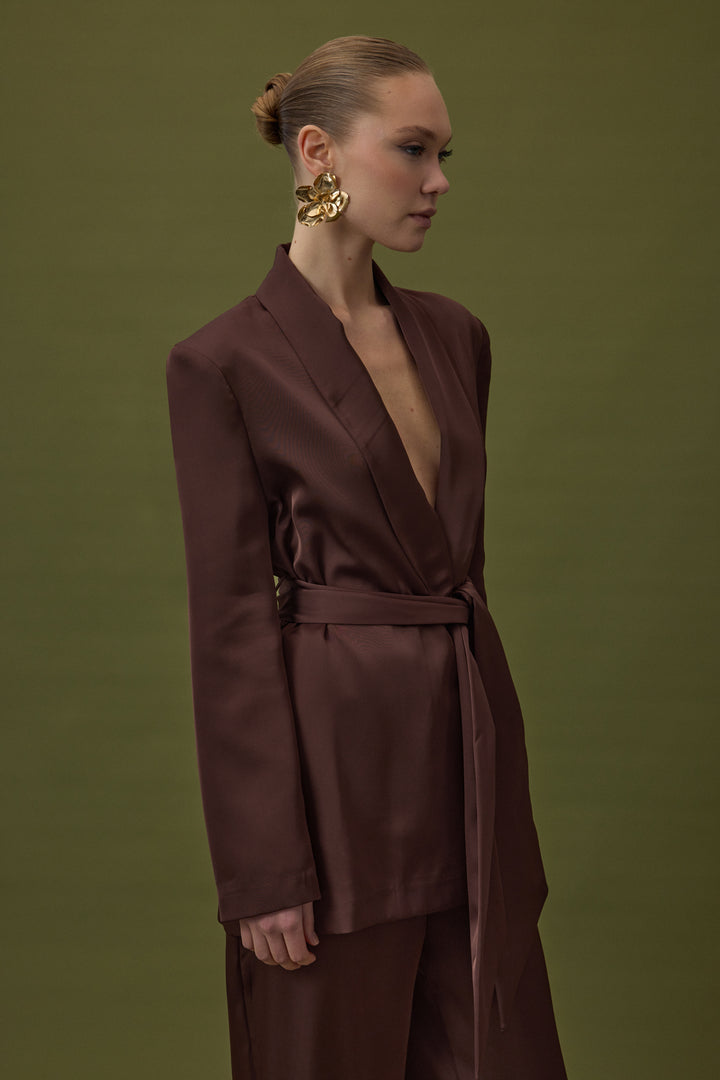 Sateen Veste en satin à ceinture - Marron