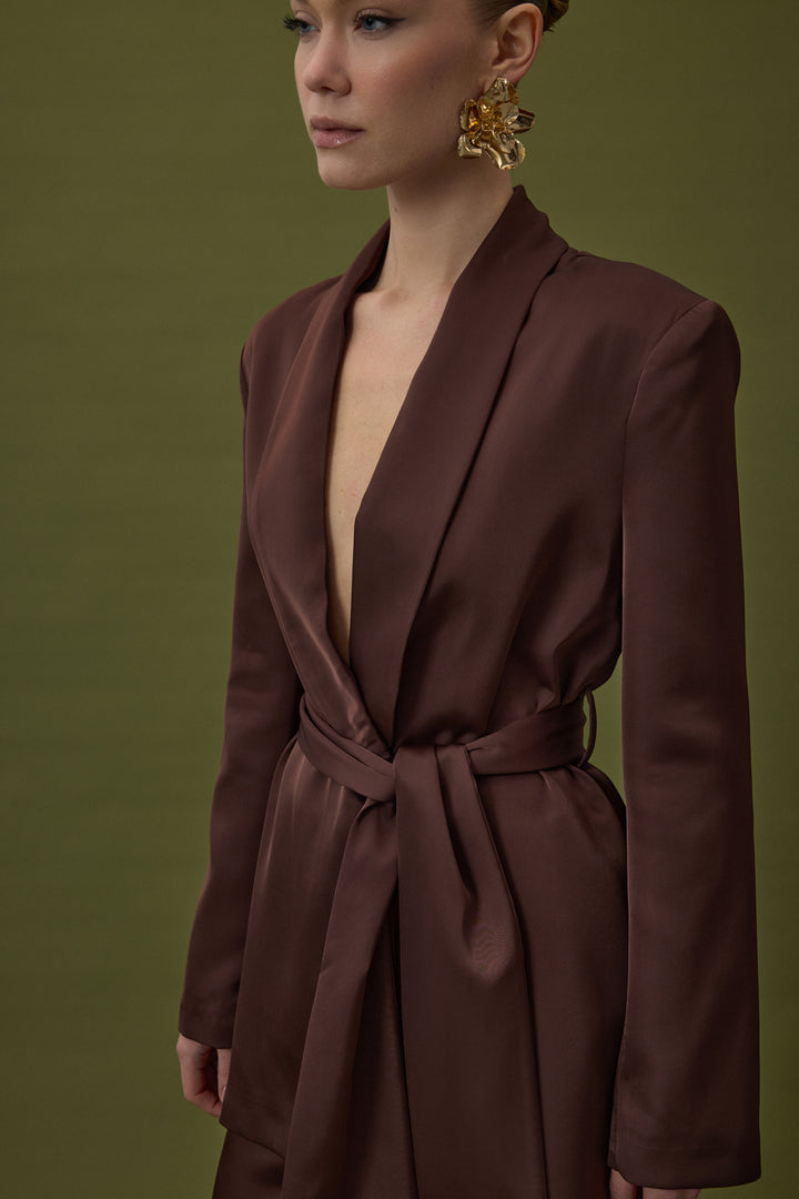 Sateen Veste en satin à ceinture - Marron